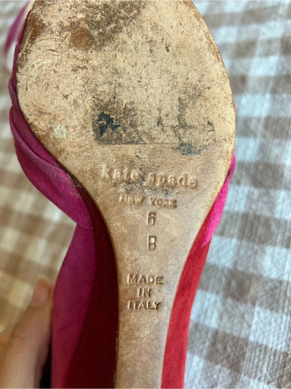 Vintage Kate Spade Pink and Red Suede Knotted Peep-Toe Wedges